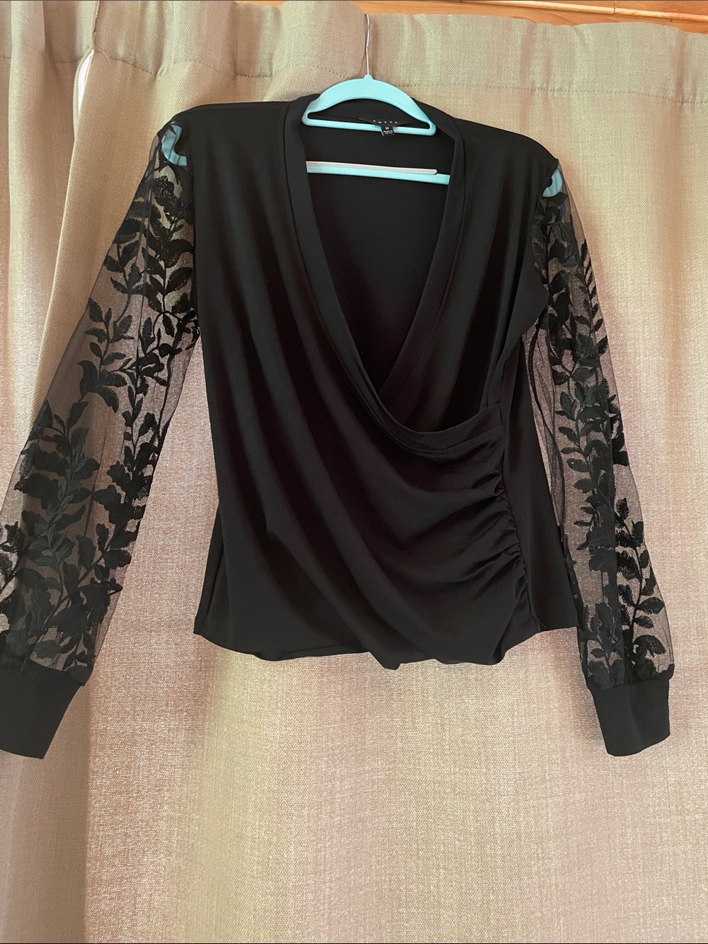 Adiva Black Draped Wrap Top with Sheer Floral Lace Sleeves